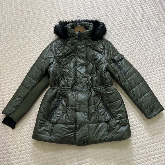 NWT Michael Kors Quilted Women Long Puffer Coat w/ Fur Hoodie Olive Size 1X - Picture 2 of 15